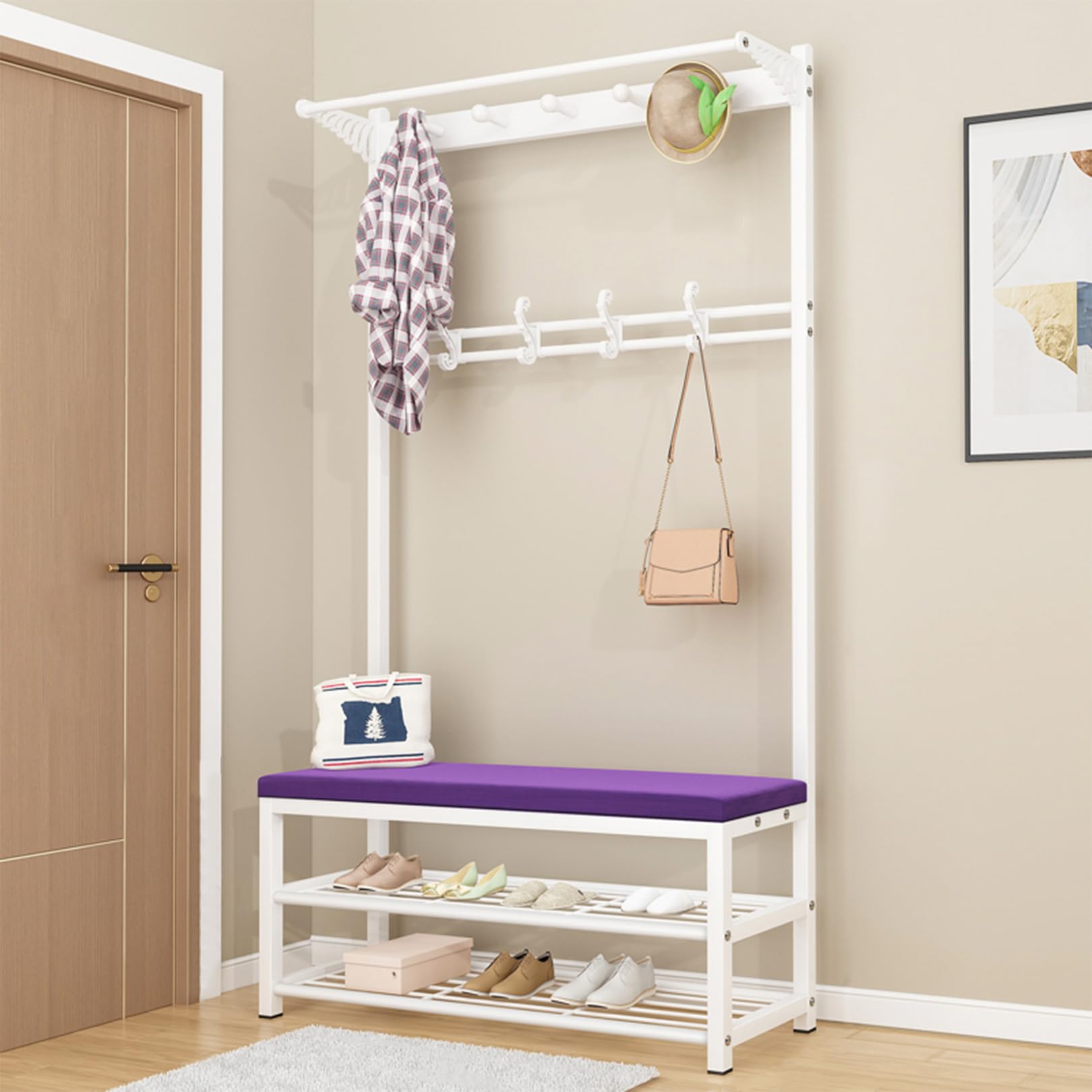 GHFXSCV Farmhouse Entryway Hall Tree with Shoe Sto Bench, Coat Rack, Hoo & Hanging Rod for Mudroom & Foyer – 100x33x170cm