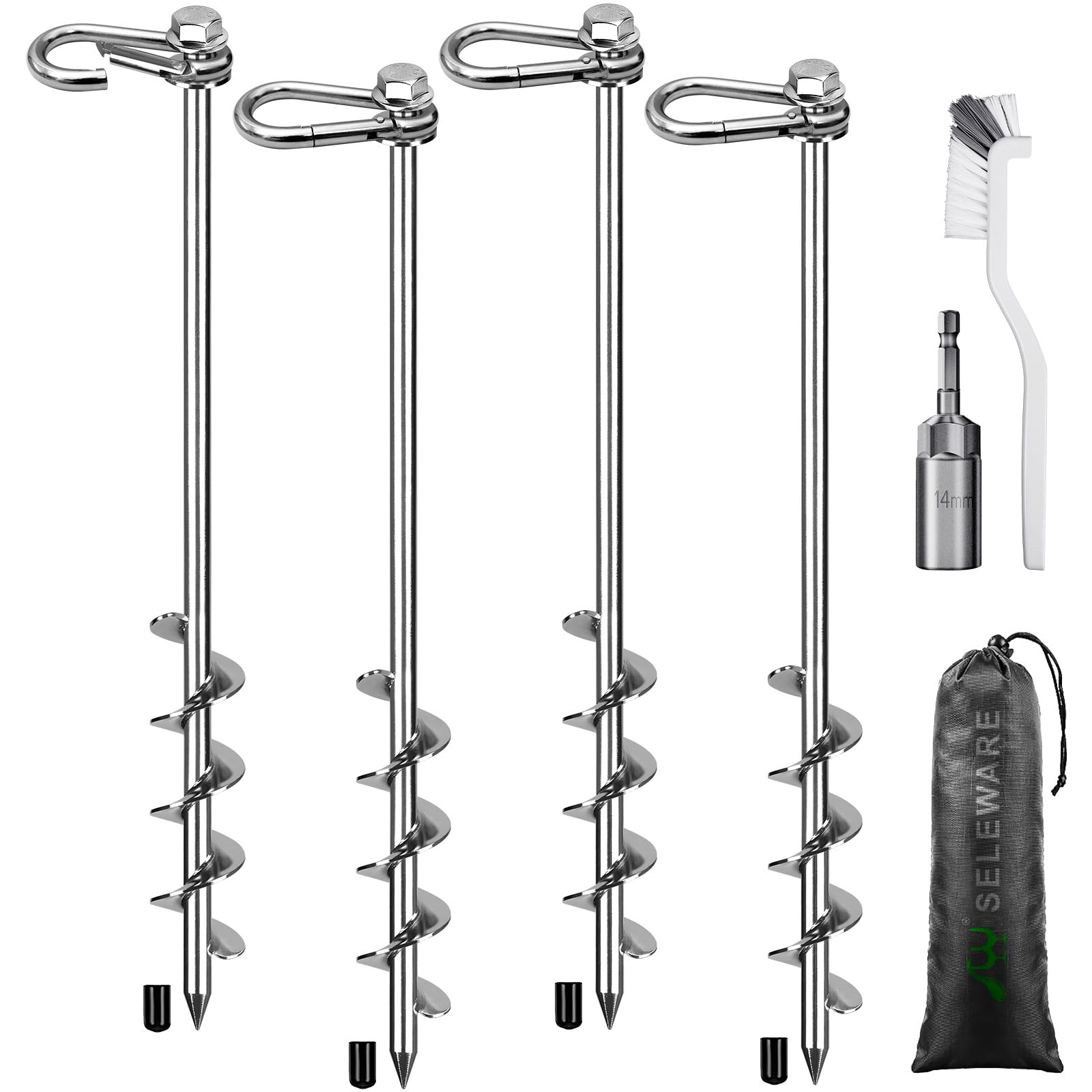 SELEWARE 4 Trampoline Pegs Tent Pegs, Ground Anchor for High Wind, Spiral Ground Anchor for Securing Trampolines, Tents, Sheds, Swings, Motorhomes, Carports — image 1