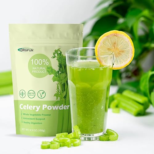 Miniatura 6 de ORGFUN Polvo de apio 100% natural fresco jugo de apio en polvo, de origen local, sin aditivos, sin gluten, prefiero para bebidas, batidos, 5.3 onzas