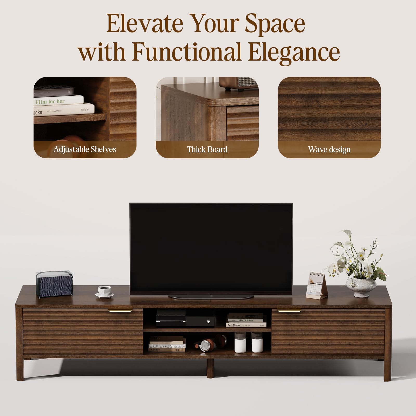 IKALIFE TV Lowboard Holz Braun 180 cm - Fernsehtisch für Fernseher bis 80 Zoll, TV Schrank mit 2 Türen & Stauraum, Modernes Sideboard für Wohnzimmer, Schlafzimmer