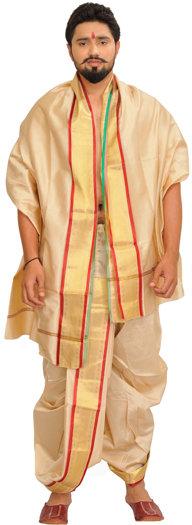 Exotic India Ready to Wear Dhoti and Veshti Set with Woven Golden Border