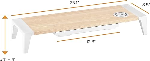 Miniatura 3 de Bostitch Soporte de madera para monitor de oficina con almohadilla de carga inalámbrica, cajón para almacenamiento, elevador de altura ajustable