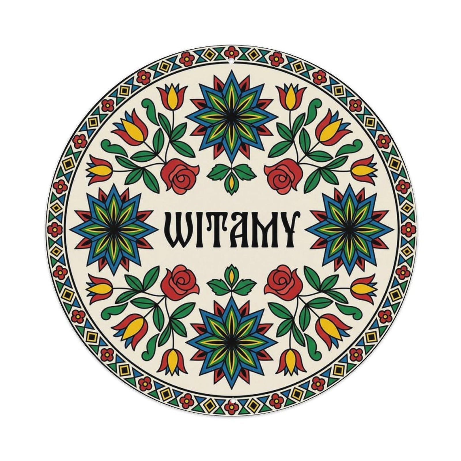 Vintage Polish Folk Art Witamy Welcome Kashubian Stars Metal Tin Sign