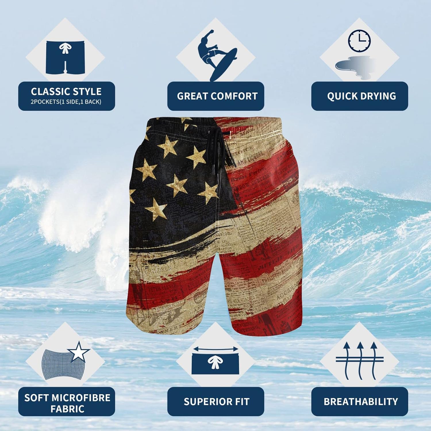 Men's Swim Trunks with Compression Liner Quick Dry 2 in 1 Swimming Trunks Beach Board Shorts Bathing Suits Swimwear Large American Flag