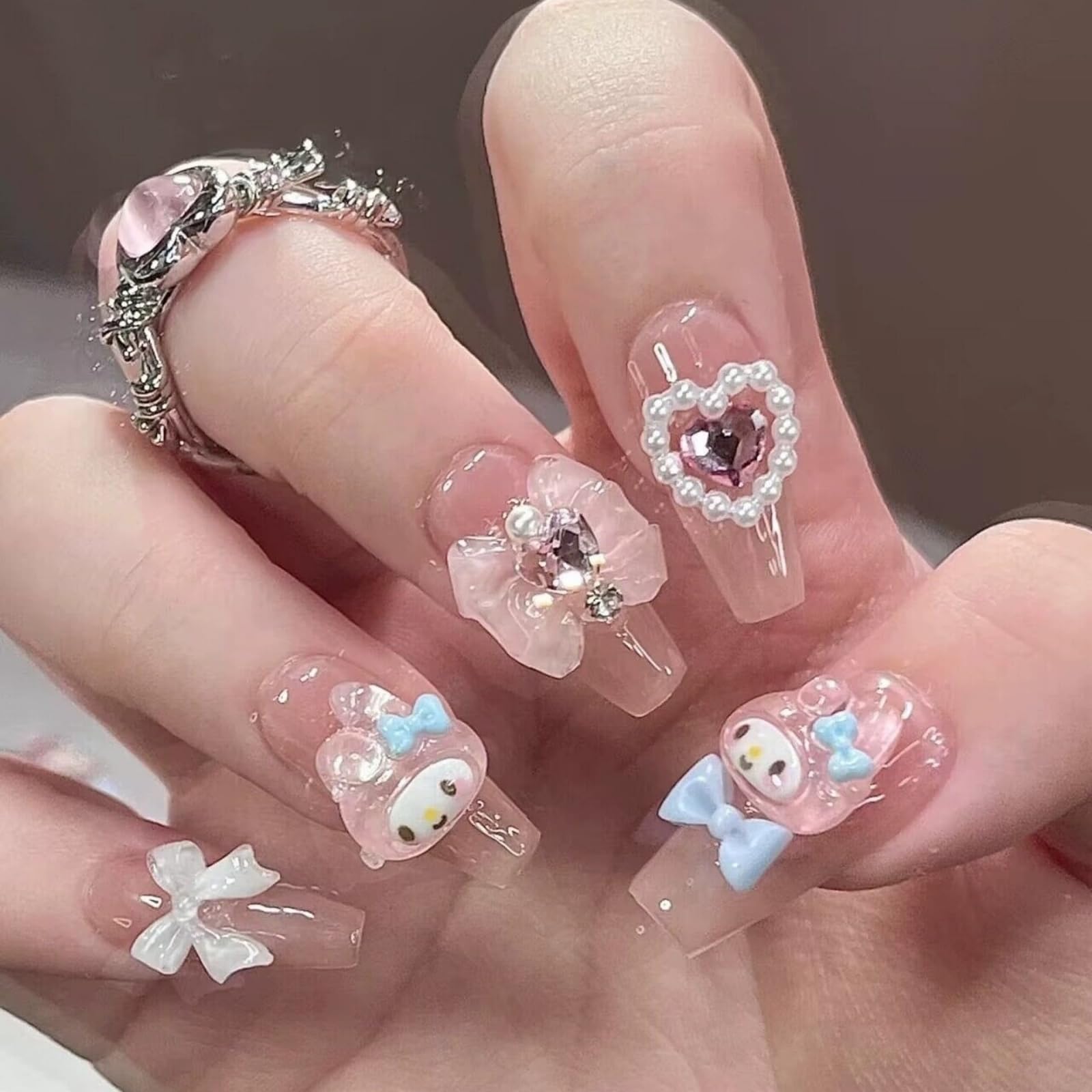 Uñas acrílicas gruesas a presión, hechas a mano, uñas largas cuadradas, perlas brillantes, kit de uñas postizas kawaii, reutilizables, 10 uñas tamaño M, #949, 949 (mediano)