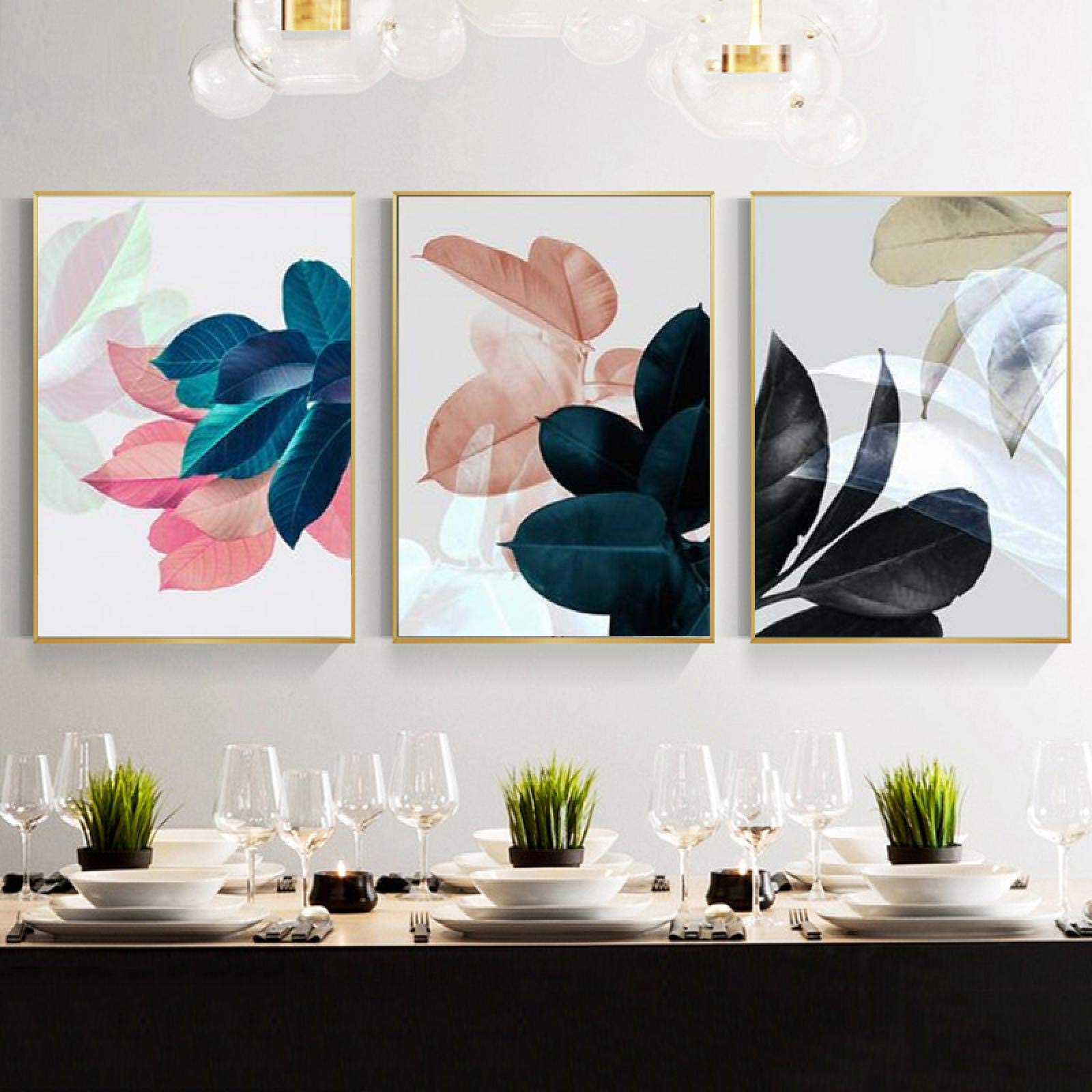 Carteles e impresiones de hojas coloridas Imágenes de pared para sala de estar Decoración del hogar Cartel de plantas Arte de la pared Pintura en lienzo 60x90cm (24x35in) x3 Con marco
