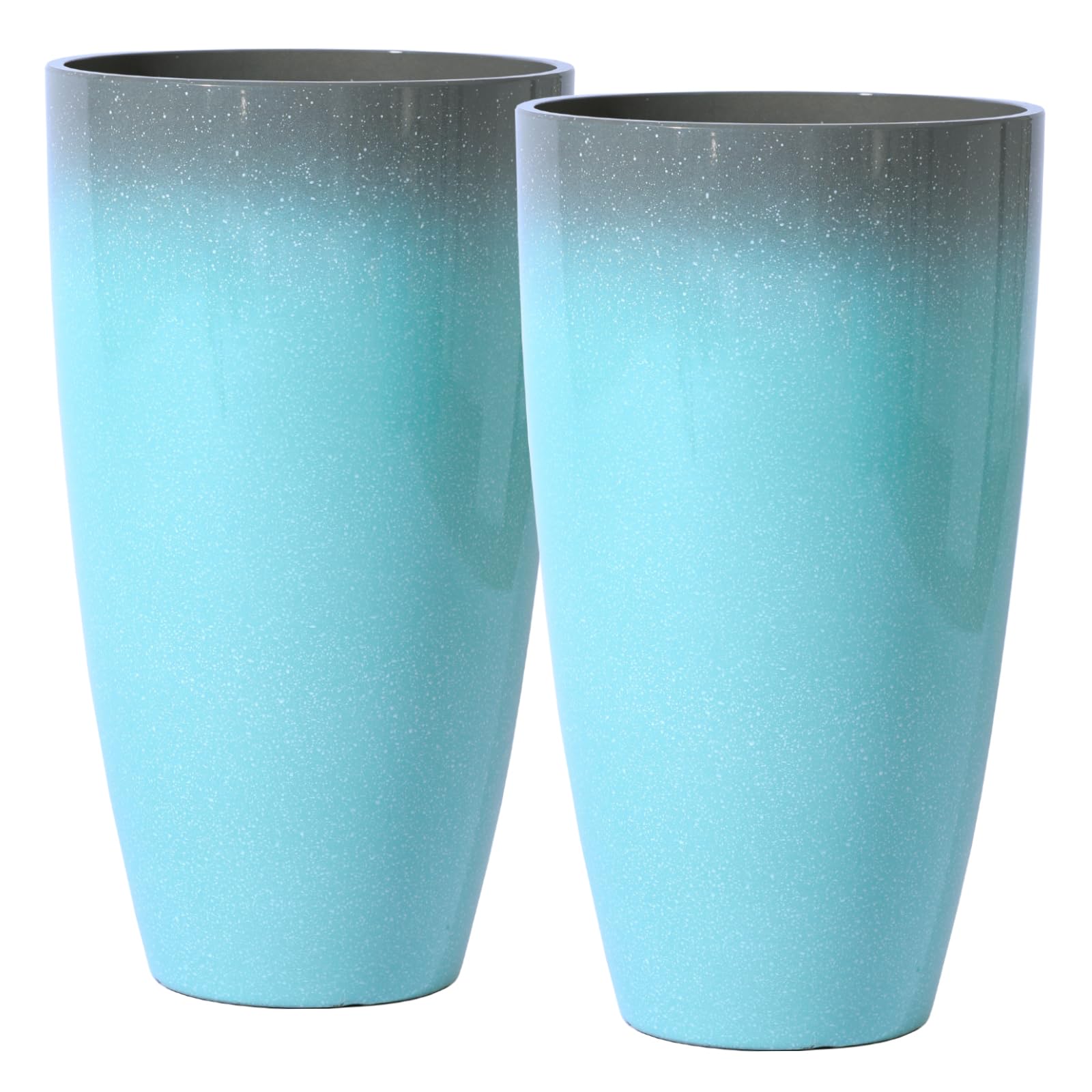 Große, leichte, hohe Pflanztöpfe mit Drainageloch und Untersetzer, Kunststoff-Pflanzgefäße für drinnen und draußen, hohe runde Pflanzgefäße (Grau bis Azurblau-Farbverlauf-glänzendes Finish)