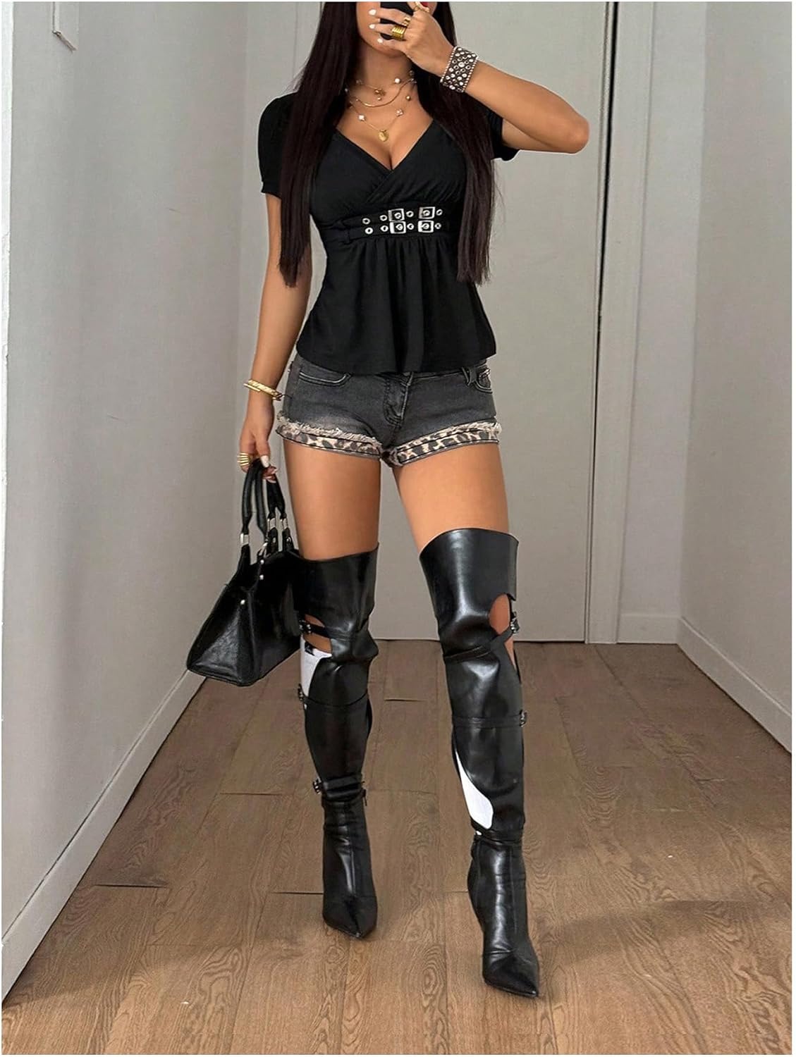 Milumia Women's Wrap V Neck Short Sleeve T Shirt Grommet Ruffle Hem Going Out Tee Tops - Image 5