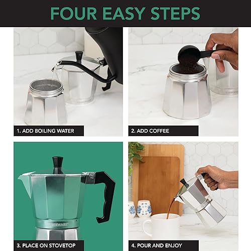 Vista 4 de Farberware Cafetera de aluminio para estufa, cafetera Moka para café de estilo cubano e italiano, funciona para todo tipo de estufas, mango