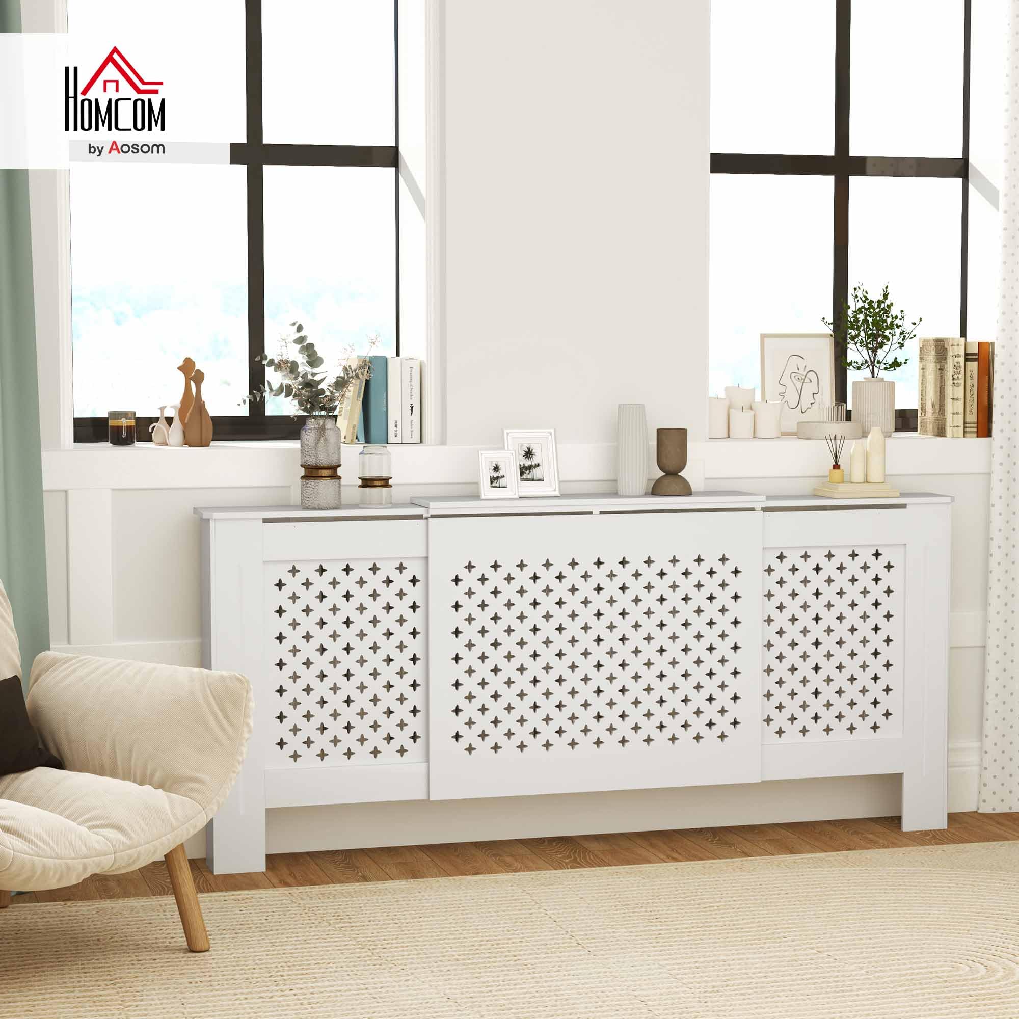HOMCOM Copriradiatore regolabile contemporaneo a nido d'ape 136-200 x 21,5 x 91,7 cm Copriradiatore in legno per camera da letto, soggiorno - bianco