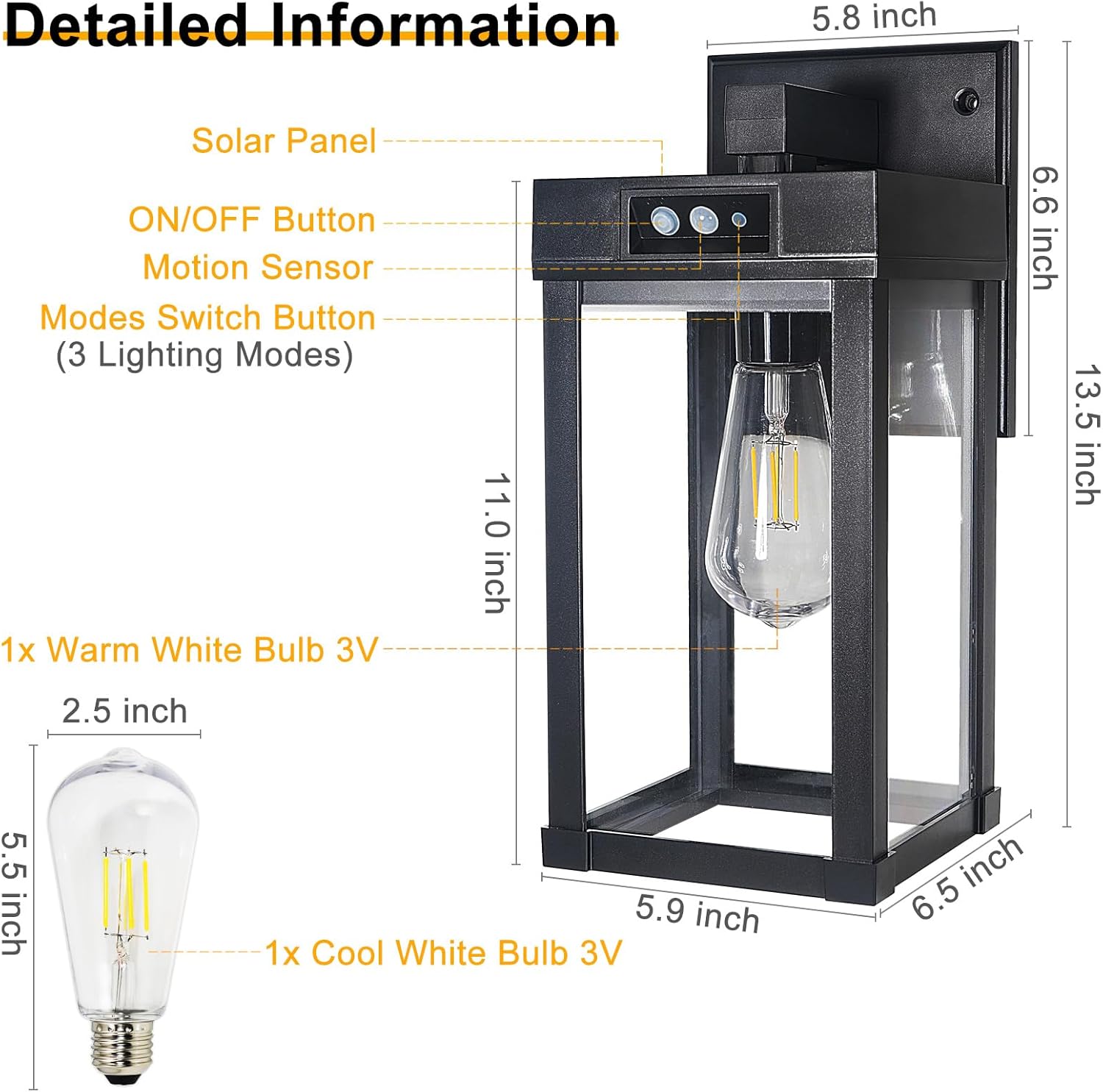 Solar Wall Lights Outdoor, Solar Sconce Lantern with 3 Lighting Modes & Motion Sensor, Porch Light Fixture Outside Waterproof with Clear Panel for Garage Yard Front Door Shed (2 Pack)
