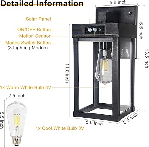Miniatura 5 de Luces solares de pared para exteriores, aplique con sensor de movimiento con 3 modos de iluminación, lámparas de porche exterior del atardecer al