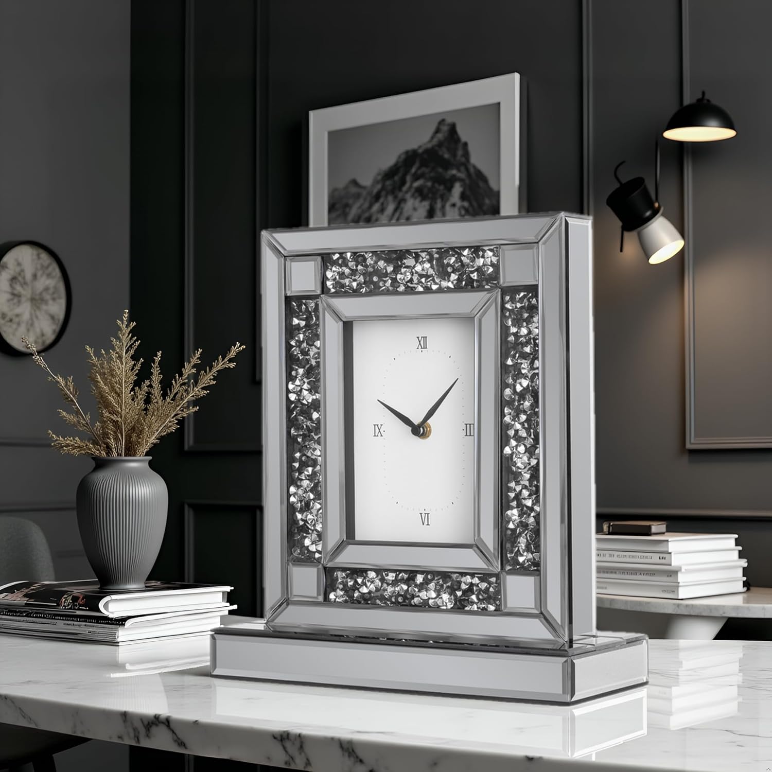 SHYFOY Luxury Crystal-Embedded Mirrored Table Clock, Elegant Decorative Clock with Roman Numerals for Home & Office, Silver Glam Desk Clock Home Decor