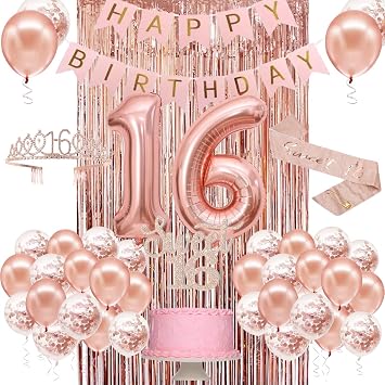 Sweet 16 Party Decorations for Girls, Happy 16th Birthday Banner Cake Topper Balloons Sash and Tiara, Rose Gold 16 Birthday Party Supplies for Girls
