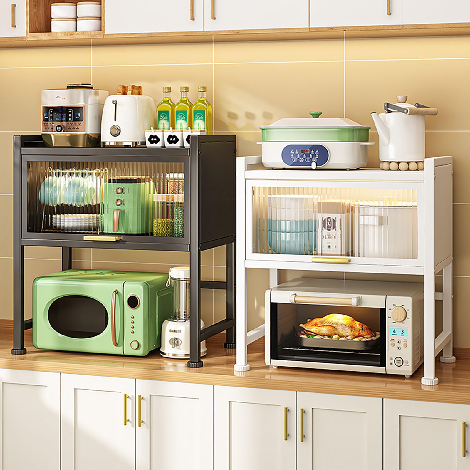 2 Tier Microwave Shelf Kitchen Shelves With Magnet Magnetic Flip-Up Door,Adjustable Kitchen Rack 33lbs Kitchen Baker Rack,Over Microwave Shelf With Removable Back Panel|Hooks,64*38*78.5cm (Black)