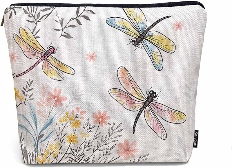 Necessaire de maquiagem Kalygon com estampa Dragonfly e zíper, 23 x 18 x 0,5 cm