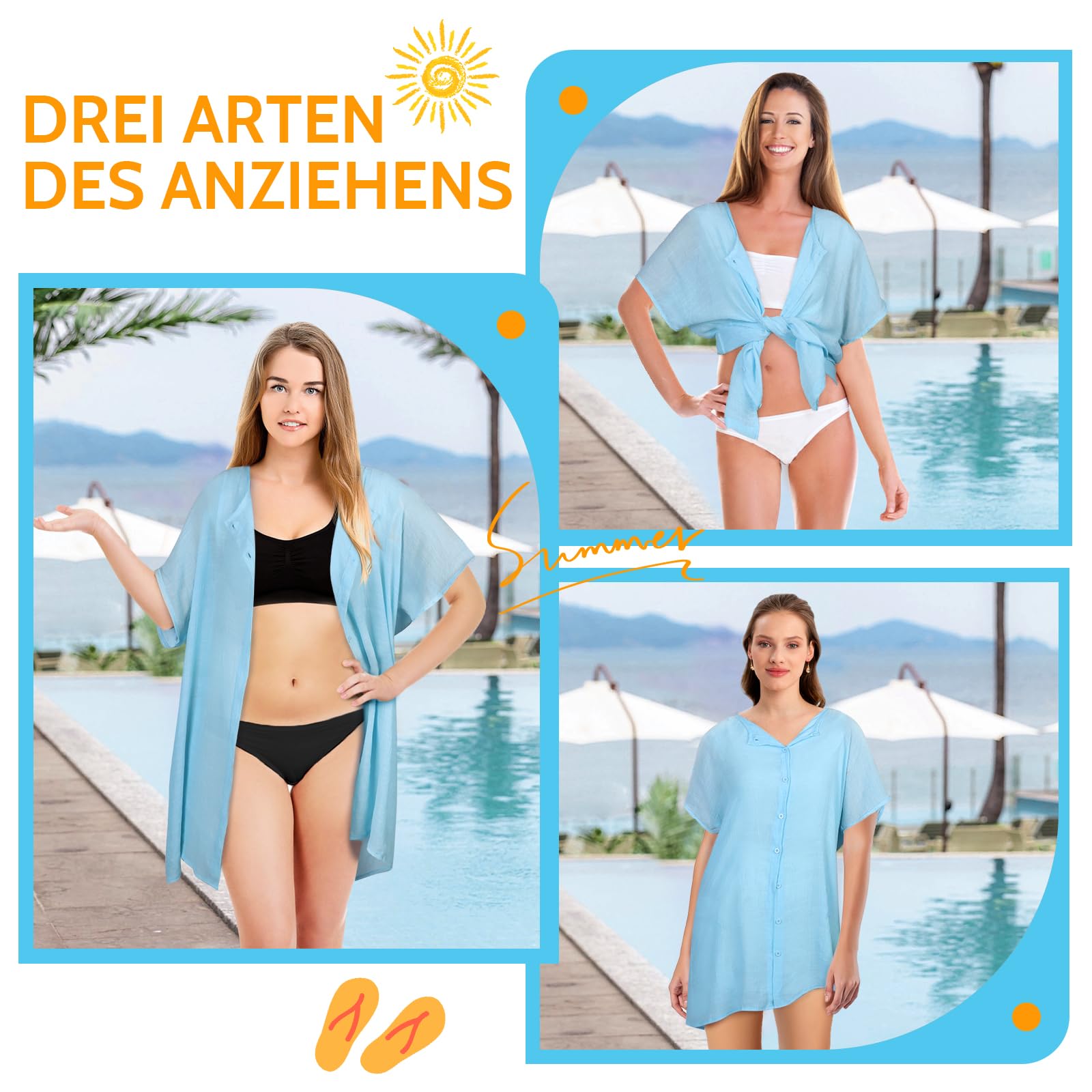 Damen Strandkleid Bikini Cover Up mit Rund Ausschnitt Knopfleiste Kurzarm Ärmel Sommerkleid Sommer Strandurlaub Badeanzug Strandtunika Vertuschen Shirt für Urlaub