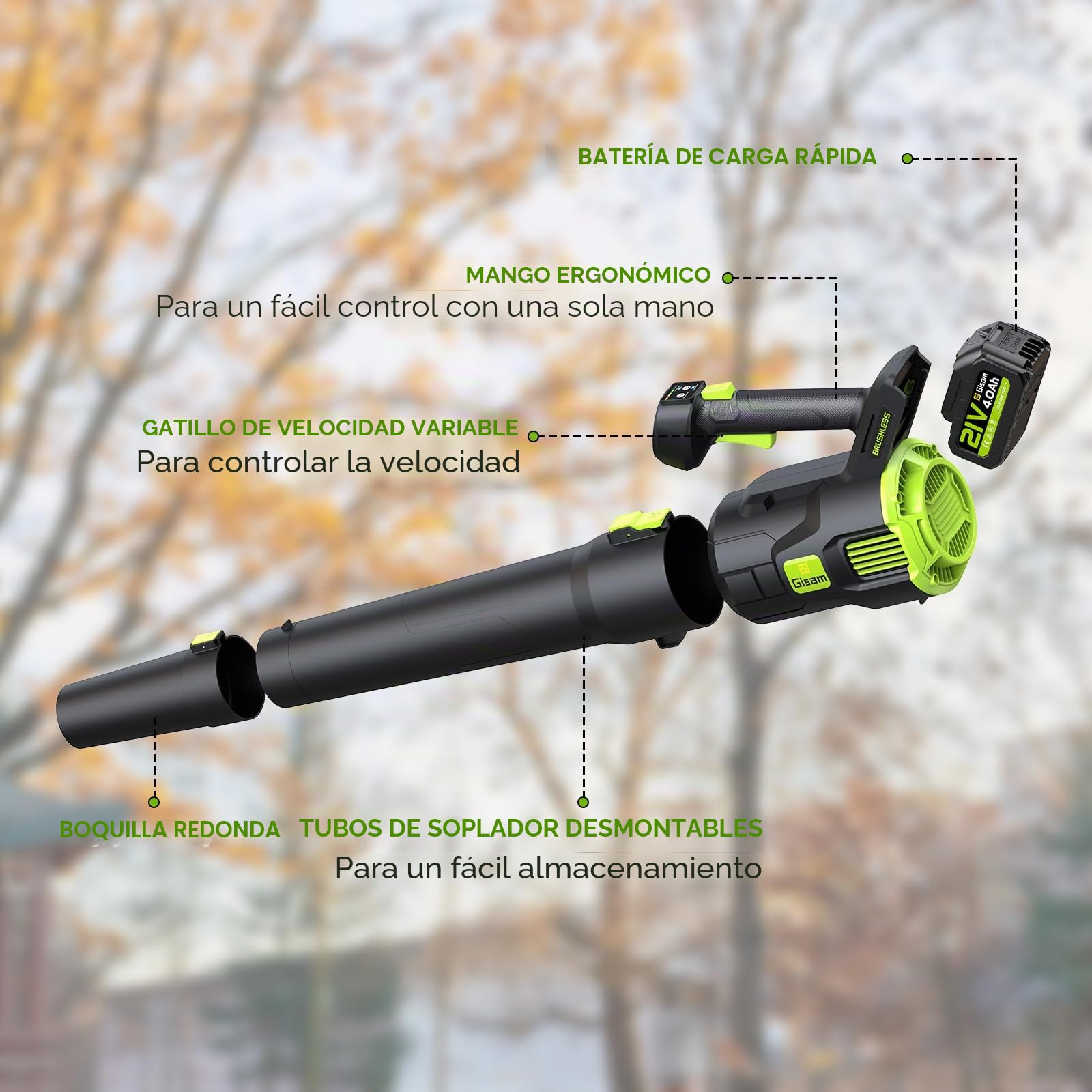 Soplador de Hojas Bateria, Gisam Leaf Blower Sin Escobillas con 2x4.0Ah Baterías, 2 Velocidades + Modo Turbo MAX 25000RPM, Volumen de Aire 750m³/h para Jardín