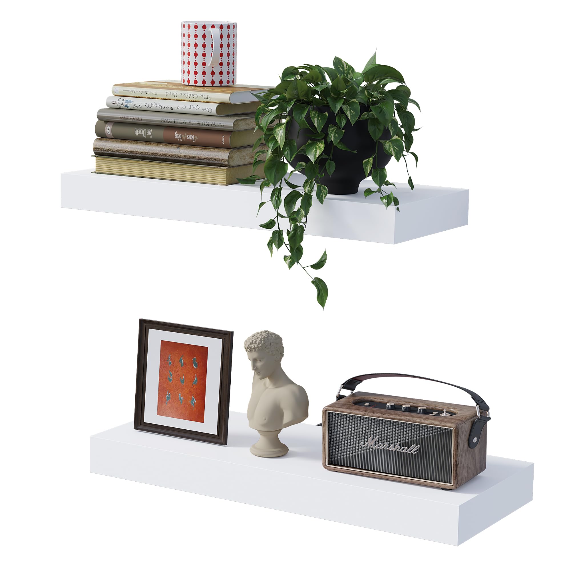 BONTEC Estantes de Pared, Paquete de 2 Estantes de Pared de Baño Resistentes de 16 Pulgadas, Fácil de Instalar, Diseño Minimalista, Soporta 10kg Cada Uno, Blanco