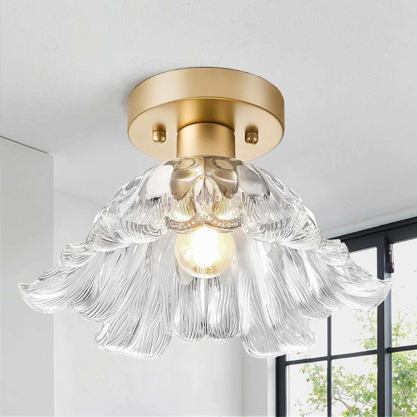 Modern Flower Glass Ceiling Light Mid-Century Lighting Fixtures Gold Semi Flush Mount Ceiling Light for Hallway Kitchen Laundry