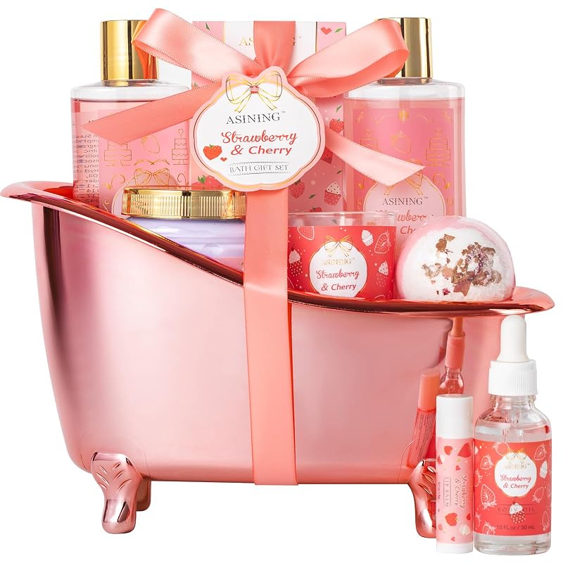 Kit de presentes para banho ASINING com fragrância de morango e cereja, conjunto com 8 peças