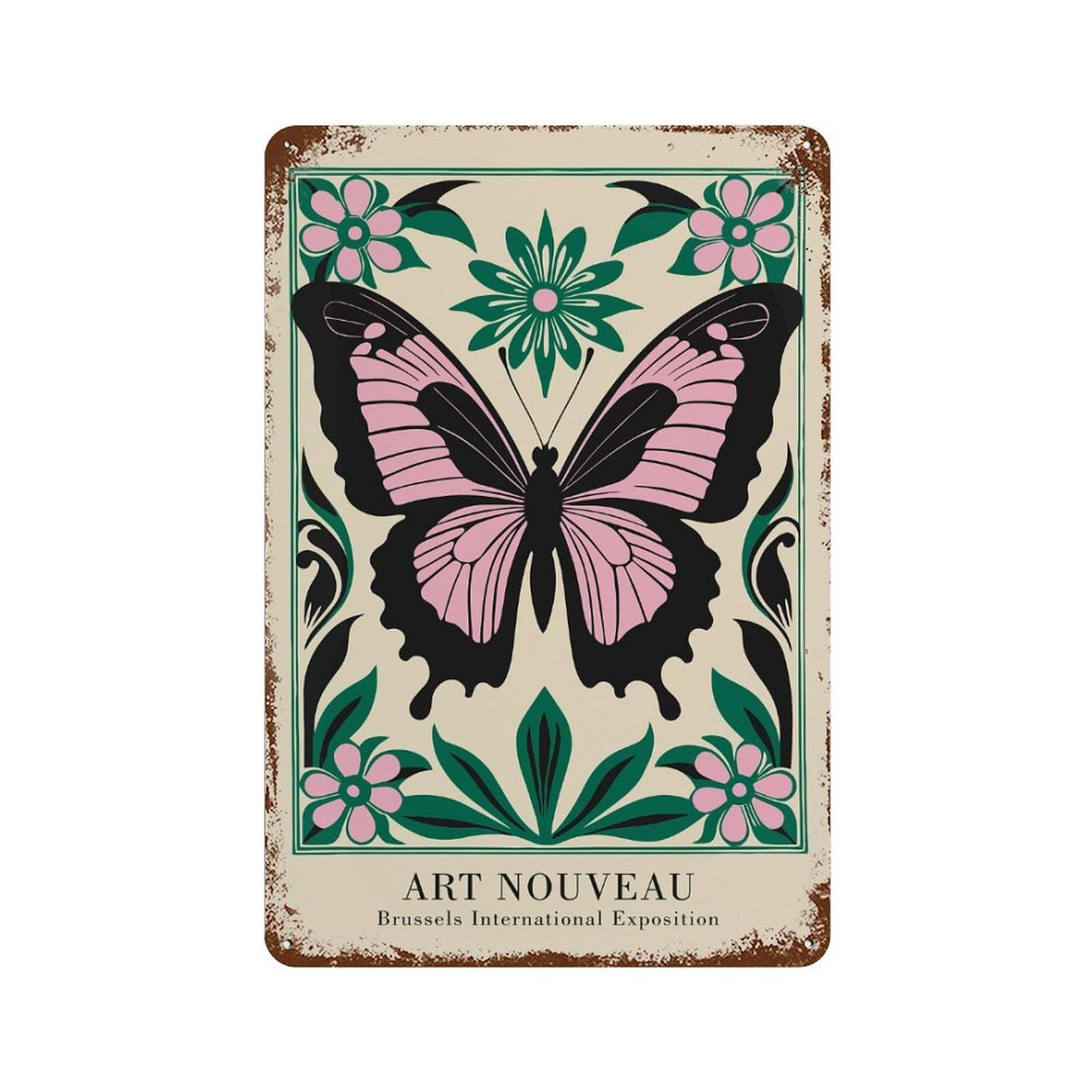 Weathered Tin Sign with Art Nouveau Butterfly Design 11.8"x7.9", for Office, Studio And Wall Decor, Retro Wall Decor