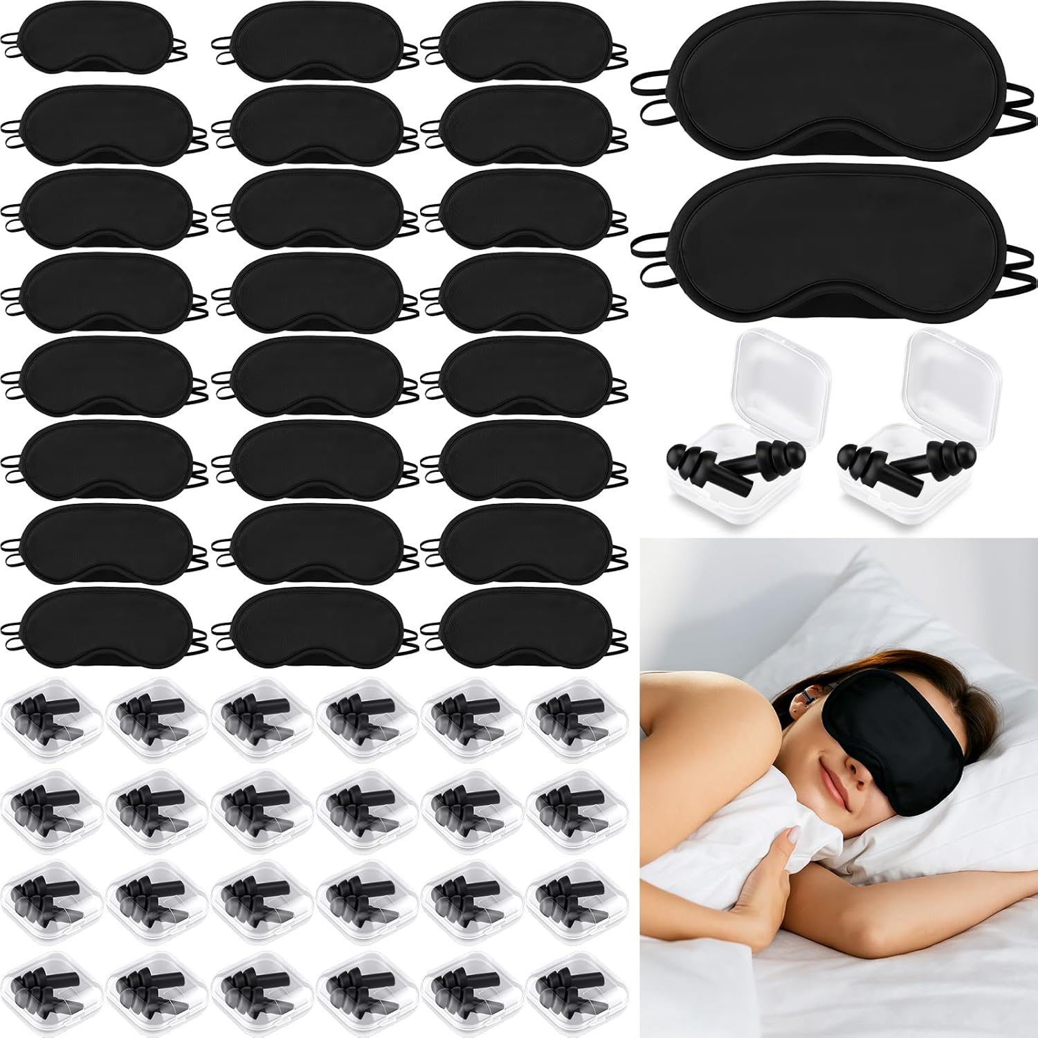 Chicingyou 200 Pcs Bulk Sleep Mask and Earplug Set with Silicone Earplugs in a Plastic Case Light-Blocking Suitable for Travel Rentals and More. Noise Canceling Suitable for Both Men and Women