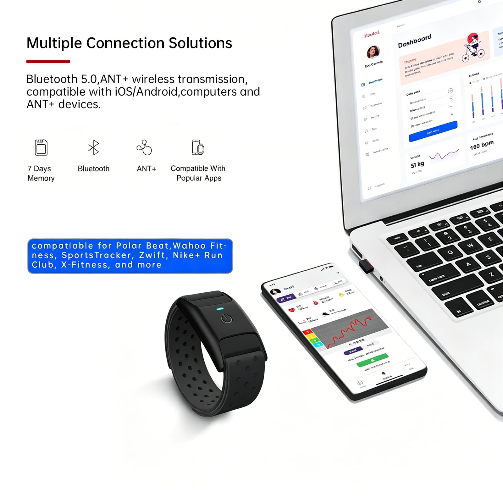 Brassard de Moniteur de fréquence Cardiaque HRM CHILEAF Capteur de fréquence Cardiaque Capteur HR IP67 Ant+ Bluetooth 60H Longue durée de Vie de la Batterie Compatible avec Polar Beat, Wahoo Fitness