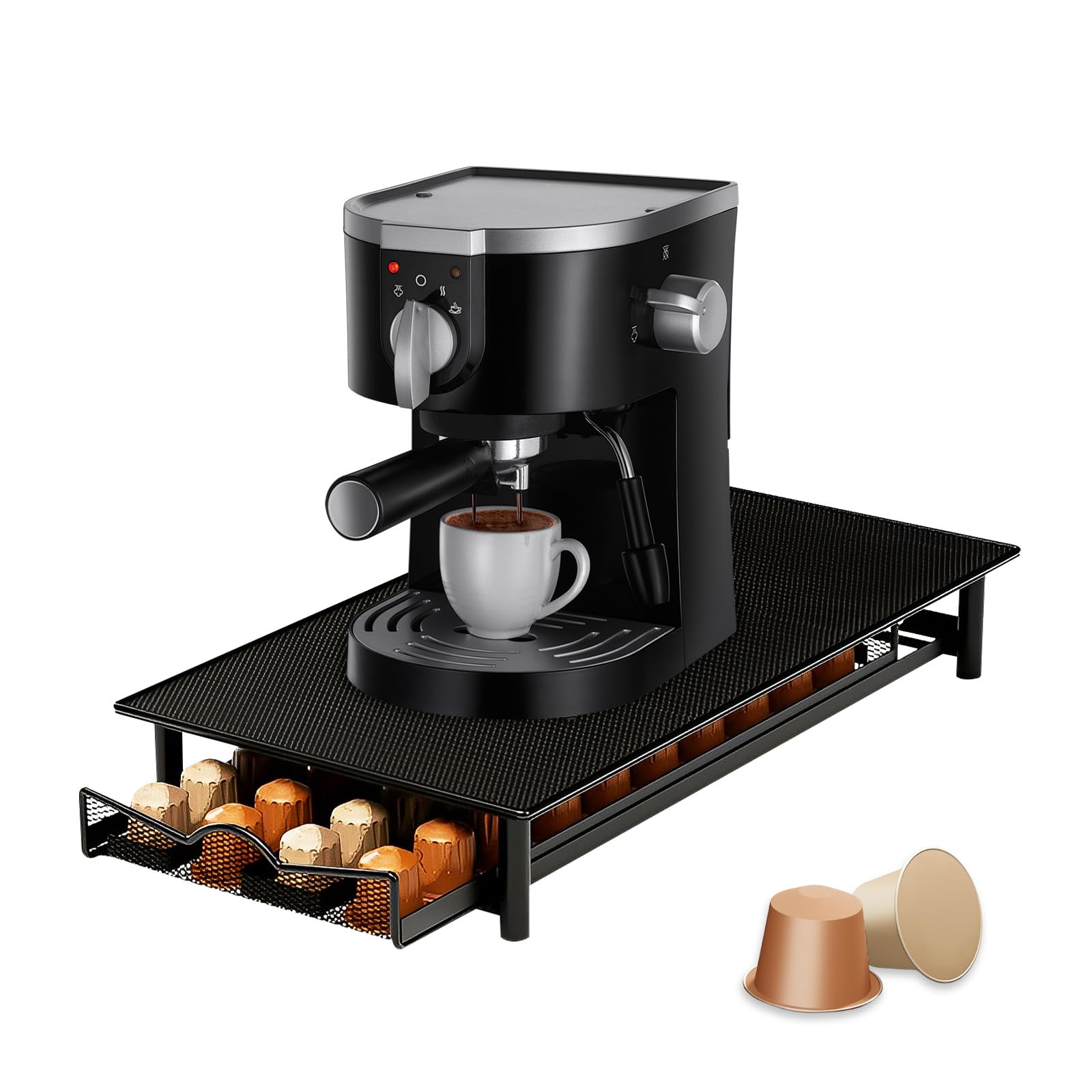 Soporte para cápsulas de café Nespresso, almacenamiento de cápsulas de café de metal con cajón deslizante, soporte para máquina de café de gran capacidad, organizador de cápsulas negro antideslizante