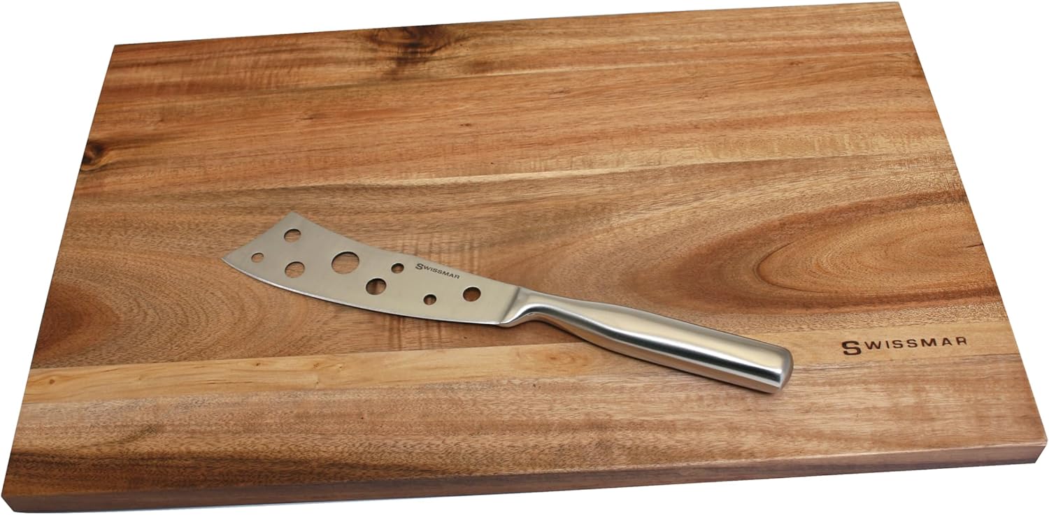 Swissmar Acacia Cheese Board Set – Wooden Serving & Cutting Board with Non-Slip Base and Stainless Steel Knife – Durable, Water-Resistant - Perfect for Kitchen Collection - 15" x 10”