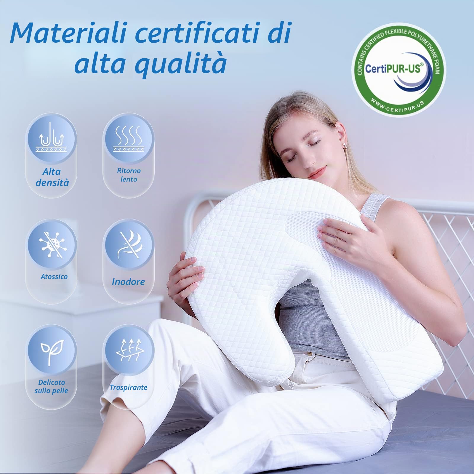 HOMCA Cuscino Memory Foam U-Forma per Dormire Laterale, Bianco, 60x45x17 cm | Cuscino Ergonomico, Doppio Lato Utilizzabile e Foro per l’Orecchio, per un Supporto Ottimale di Collo e Spalle
