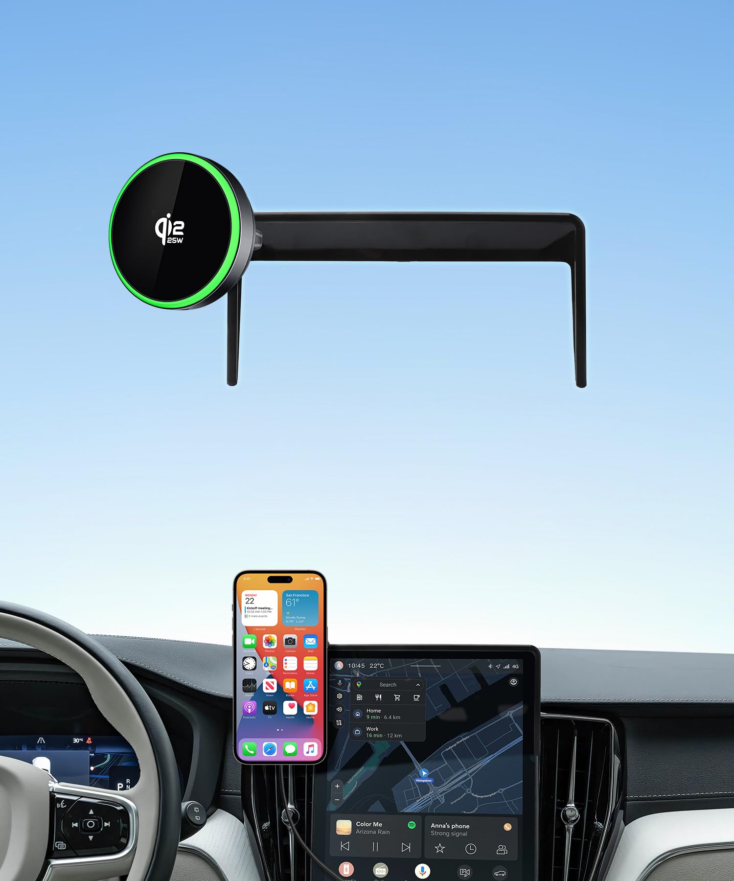 Qi2.2 Max 25W Cargador de coche inalámbrico rápido soporte de teléfono para Volvo XC60/XC90 2025-2026 pantalla de 11.2 pulgadas, soporte magnético para teléfono compatible con MagSafe