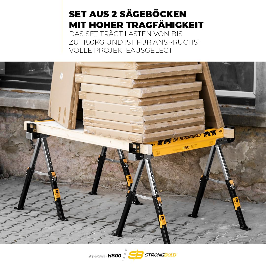 Arbeitsbock 2er-Set Superhorse H800, Klappbare höhenverstellbare Schwerlast Arbeitsböcke mit 1.180 kg Tragkraft im Paar, multifunktional, kompaktes Design mit Werkbankfunktion