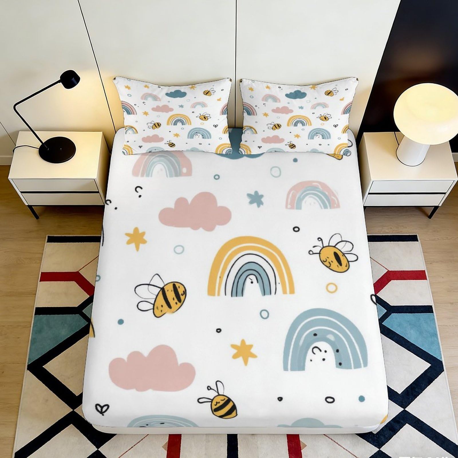 3D Printed Rainbow Bee Fitted Sheet Microfiber Anti-Slip Bed Cover Pastel Clouds Mattress Protection for Bedroom Dorm Decor 120x200cm 140x200x25cm