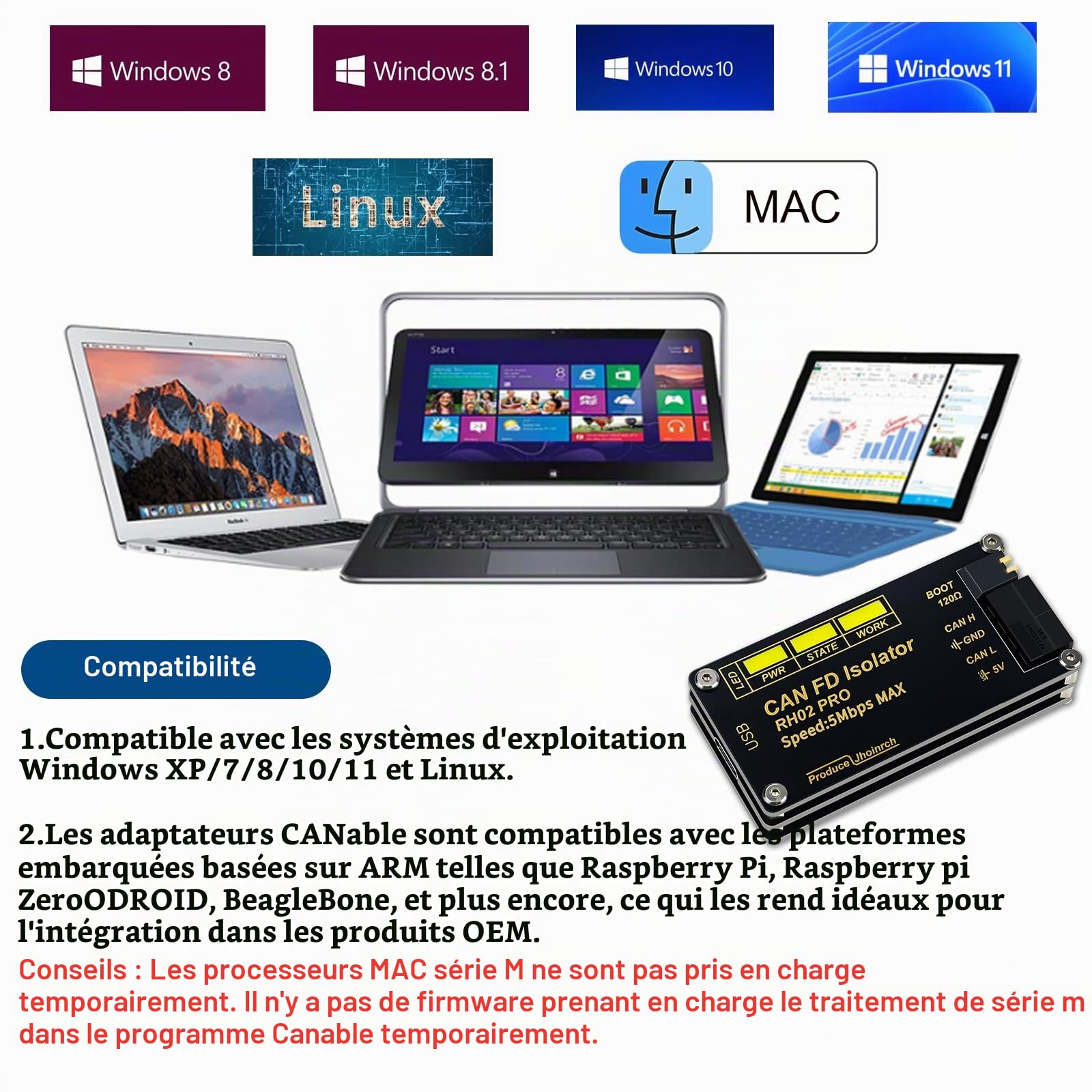 Adaptateur convertisseur USB vers CAN‑FD à isolation jusqu'à 5 Mbps | Construit sur Canable 2.0,isolation du signal et de l’alimentation,circuits de protections multiples TVS/ESD/GDT intégrés