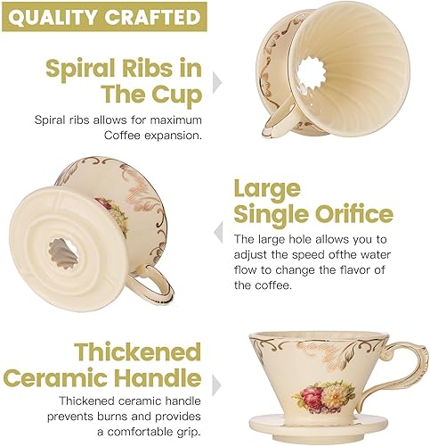 Miniatura 3 de YOLIFE Floarl - Juego de gotero de café, cafetera de cerámica con diseño de cono, 1 taza, regalo para mujeres (arbustos florecientes)