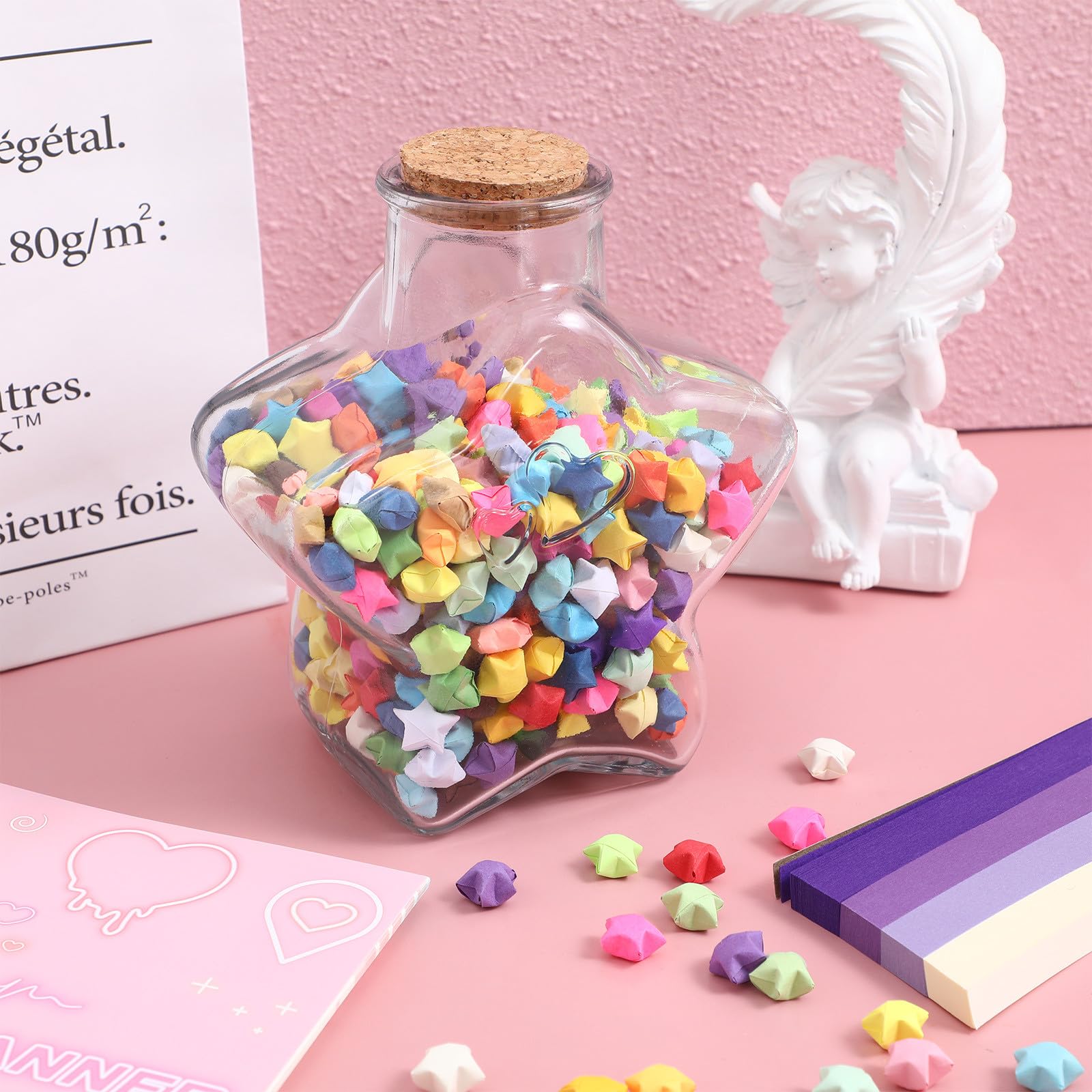 Abaodam Tiras de Papel para Origami de Estrella Degradado Morado con Botella de Cristal para Deseos, Kit de Manualidades Diy, Obsequio Romántico para Cumpleaños y Decoración Infantil