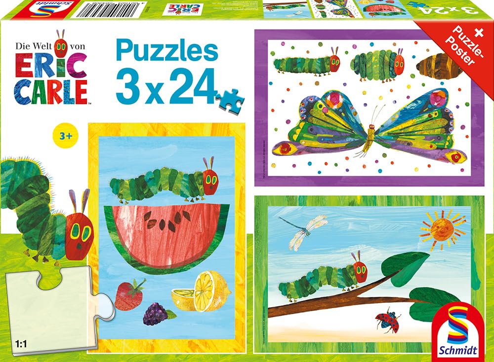 Schmidt Spiele 56430 Very Hungry Caterpillar Cocoon and Butterfly, 3 x 24 Pieces Children's Puzzle, Colourful