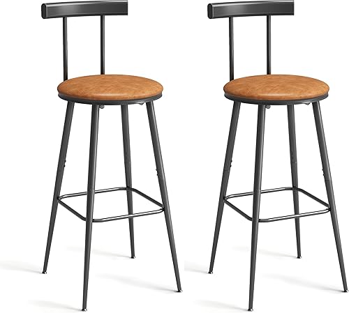Taburetes de bar, juego de 2 taburetes de cocina altos, sillas de bar con respaldo y reposapiés, taburetes industriales con asiento suave de