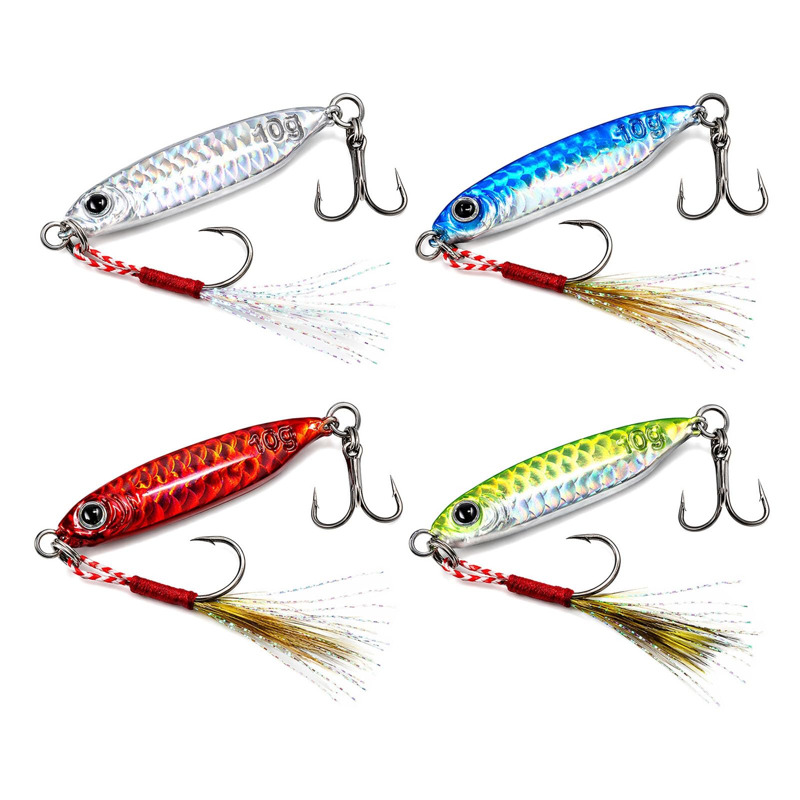 4 Pack Metal Sea Fishing Lures 10g Jig Spoons Fishing Spinners with Assist & Treble Hooks, Lifelike Sinking Lure for Mackerel Bass Pike Pollock Trout, Saltwater & Freshwater Fishing Tackle