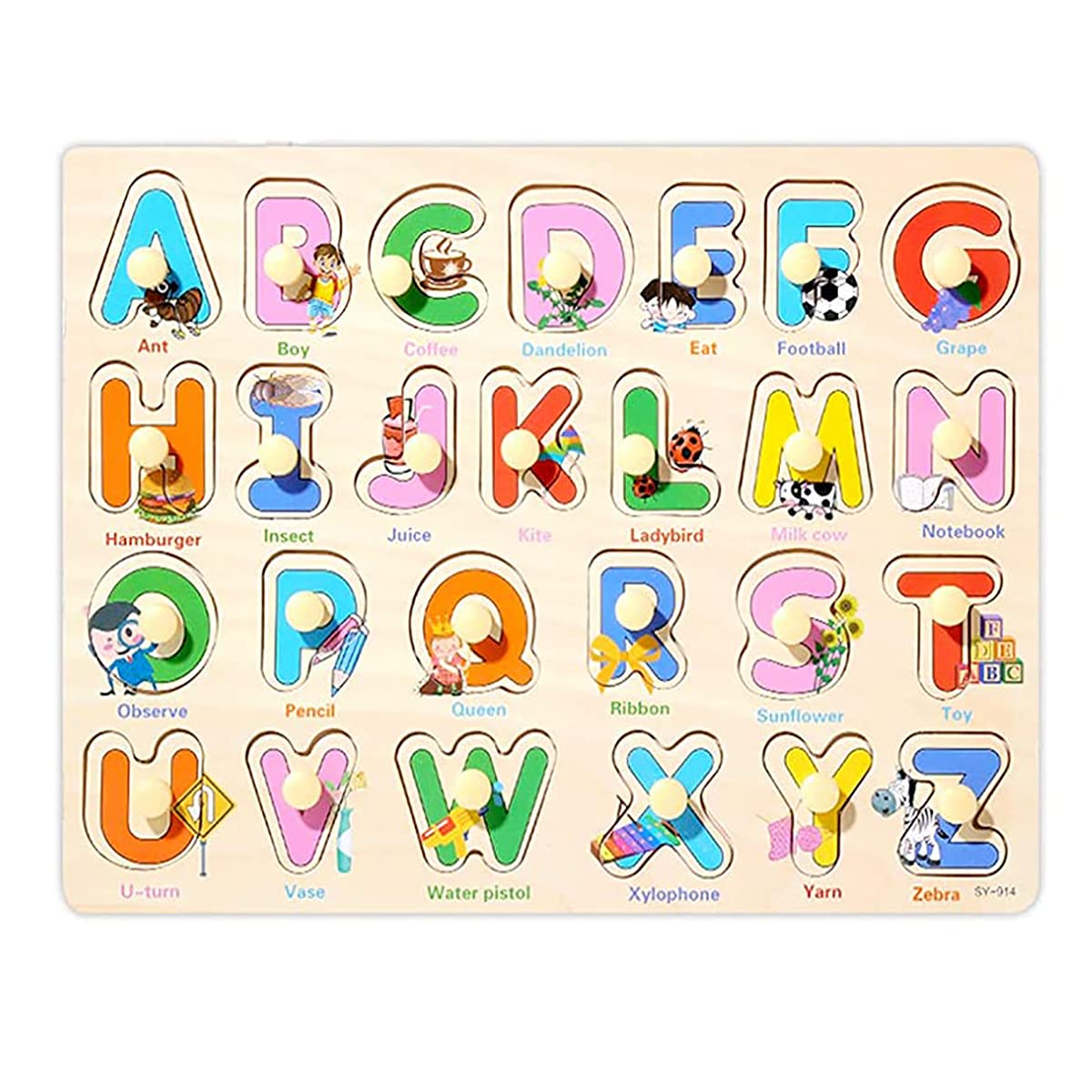 Smoneo Learning Wooden Peg Puzzle 26 Pc ABC Alphabetical Letter Educational Board Game Toy for Kids (ABC Alphabet)