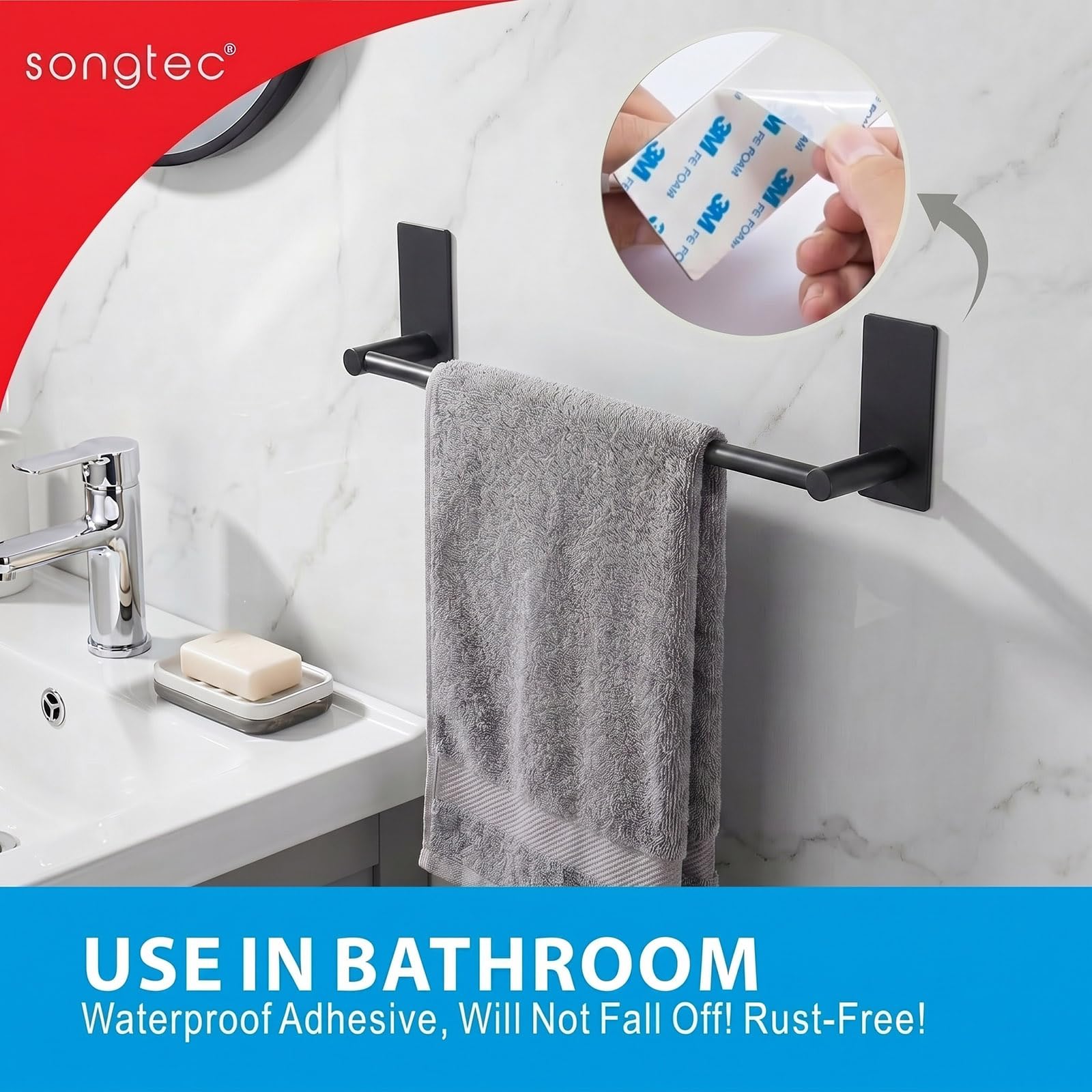 Songtec Toallero Adhesivo Negro de 16 Pulgadas, toallero de baño sin Taladro, Soporte de Toalla de Montaje de Cinta de Fuerte adherencia, Acero Inoxidable, Negro