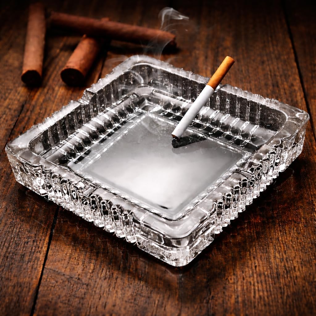 Premium Square Glass Ashtray | Crystal Clear Decorative Tabletop Ash Tray for Home, Office, Indoor & Outdoor Use | Elegant Heavy Glass Cigarette & Cigar Ash Holder (1)-picture-13