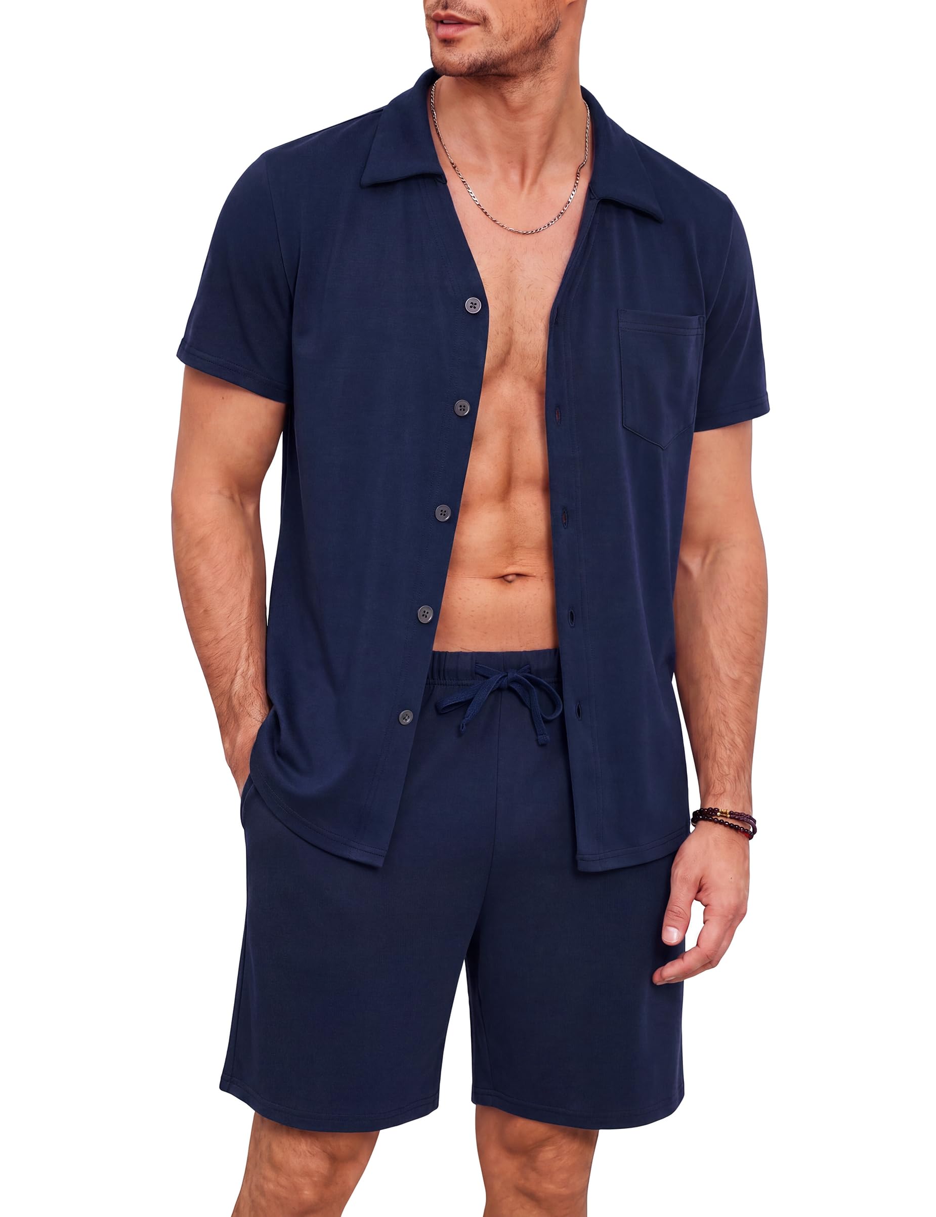 Bresdk Pijamas Hombre Verano Corto Algodon con Camisa Abotonada y Shorts Ropa de Dormir Manga Corta