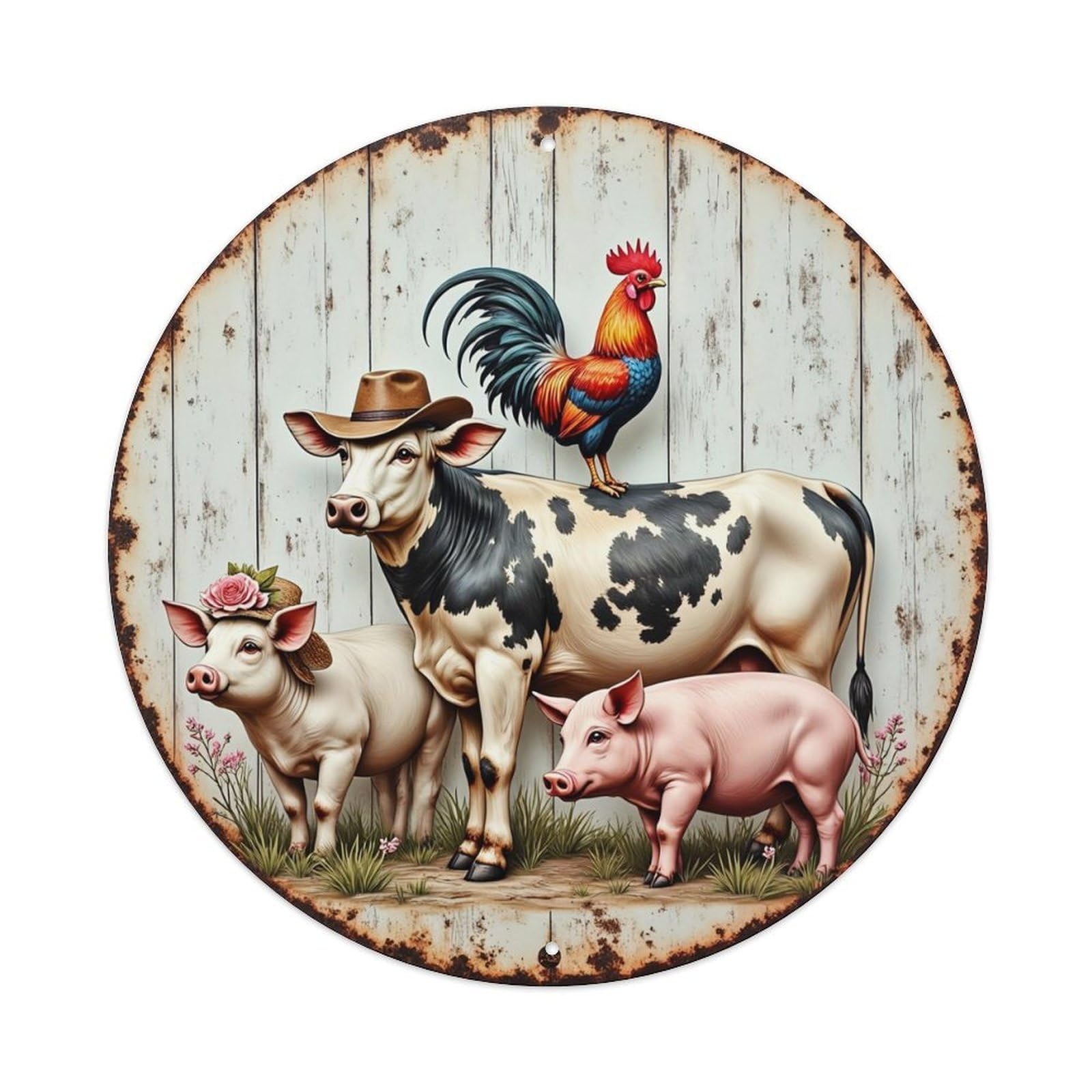 Farm Animals With Hat And Flower Round Tin Sign Vintage Metal Sign Home Bar Garden Indoor & Outdoor Wall Decor Retro Metal Poster 8x8 Inch