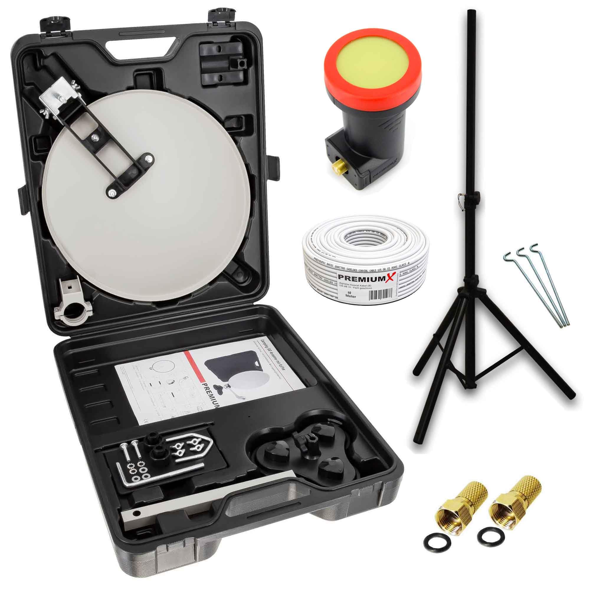 Premium X Mobile Camping TV SAT Sistema de antena satélite Maleta Single LNB 10 m Cable 2 X Conector F trípode trípode