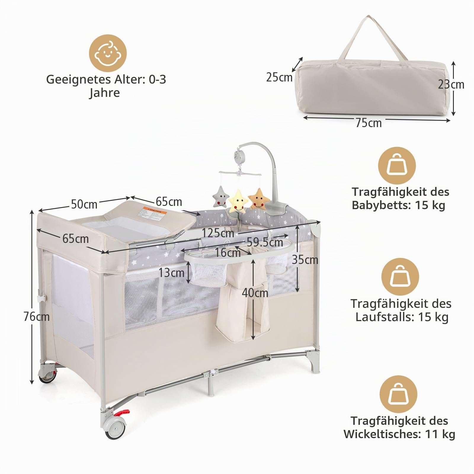 LIFEZEAL Faltbares Babybett mit Wickeltisch, Reisebett Baby mit Spielbogen und Musikglocken, Mobiles Kinderreisebett mit Aufbewahrungstasche, für Baby 0-36 Monate (Beige)