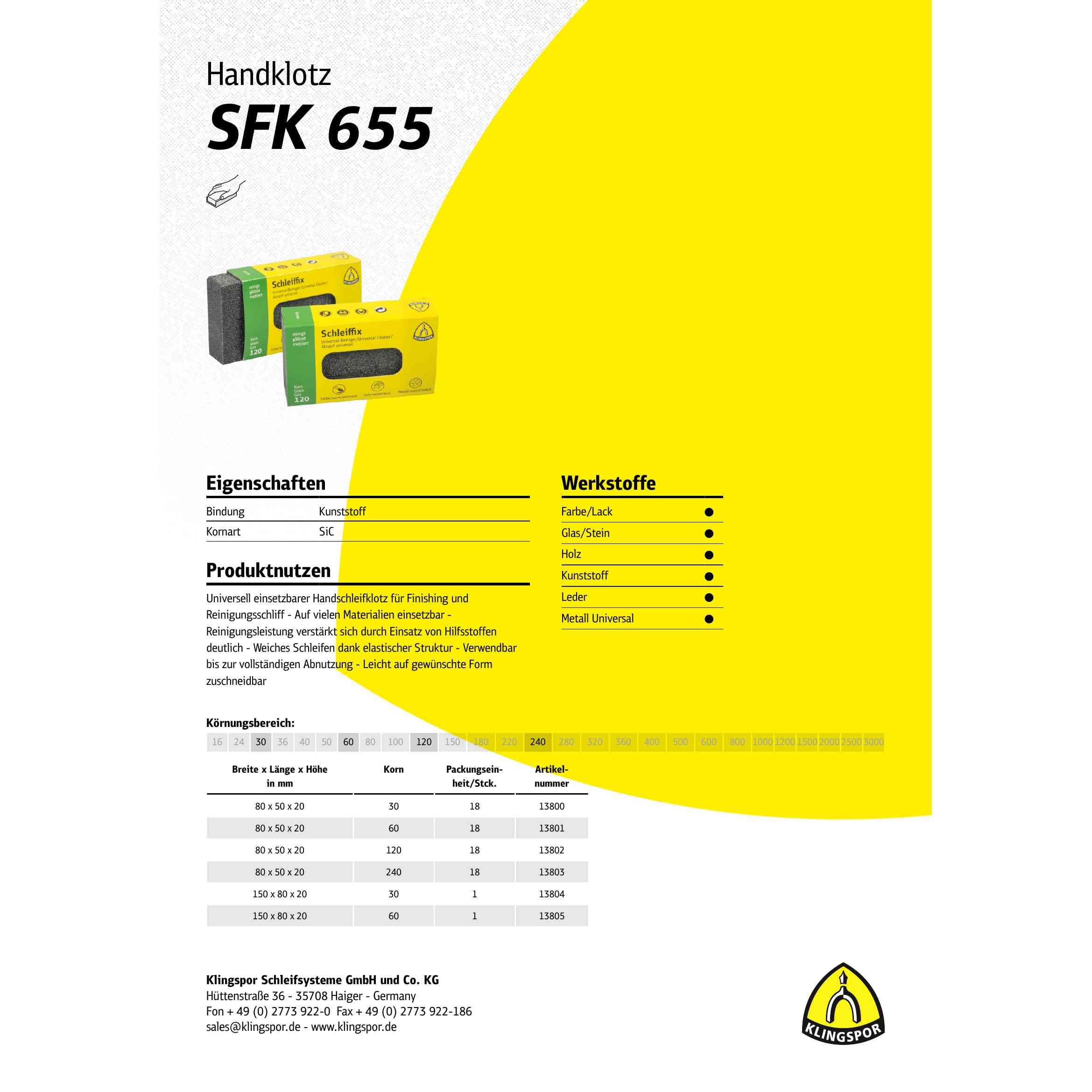 18 x Klingspor SFK 655 Schleiffix Handklotz, 80 x 50 x 20 mm Korn 120 Art.: 13802