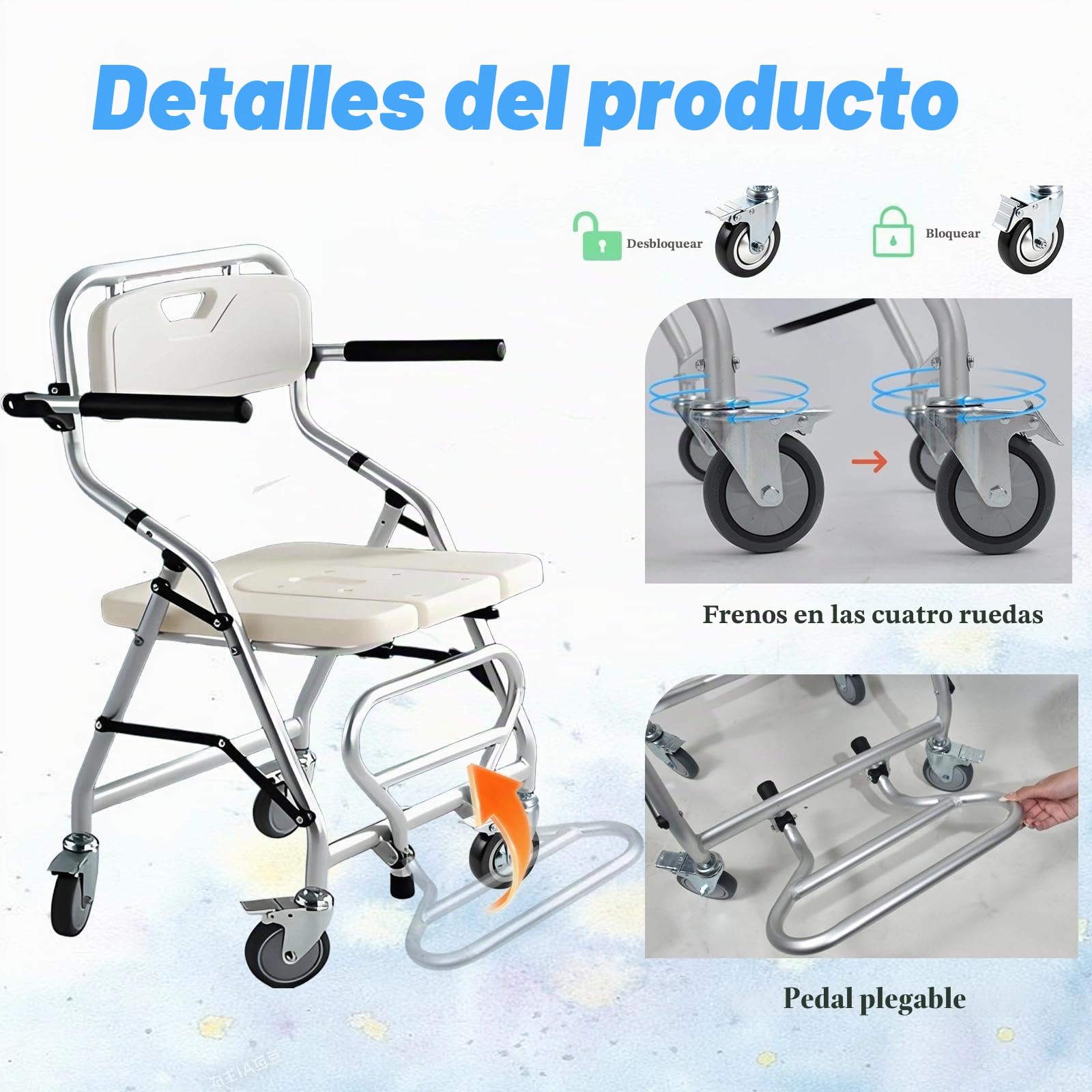 Silla Ducha WC con Ruedas para Personas Mayores, 3 en 1 Taburete de Ducha Plegable con Pies Abatibles, Silla Baño Ancianos Ducha con ReposabrazosCarga, Máxima 120kg
