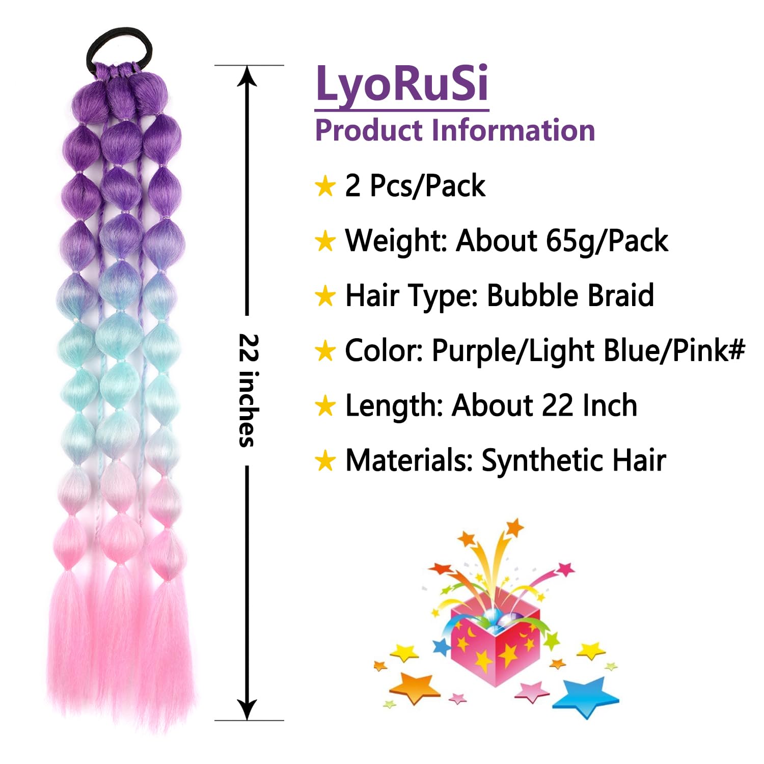 LyoRuSi 2 Pcs 22 Inch Lightweight Bubble Ponytail Extensions, Colored Braids Hair Extensions with Hair Tie, Crazy Hair Day, Festival Rave Accessories for Woman (Purple/Light Blue/Pink#)